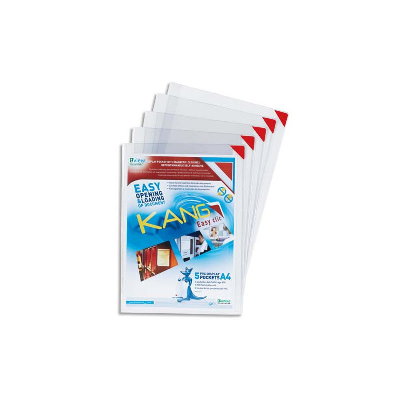 TARIFOLD Sachet de 5 poch. murales PVC A4, adhésives repositionnables, ouv. en coin et coin magnétique.