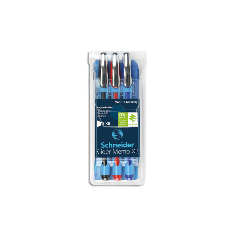 SCHNEIDER Pochette de 3 Stylos bille à capuchon, pointe large, corps caoutchouc confort, encres assorties