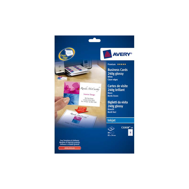 AVERY Pochette de 80 cartes de visite (85x54 mm) 240g coins droits Jet d'encre finition brillante