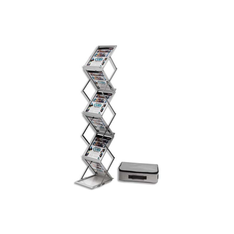 DEFLECTO Présentoir sur pied pliable aluminium avec malette de transport 6 niveaux pour A4