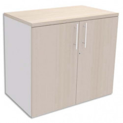 SIMMOB Armoire Basse Blanc perle 1 tablette, avec porte et top Chêne clair INEO - Dim L80 x H72 x P47 cm