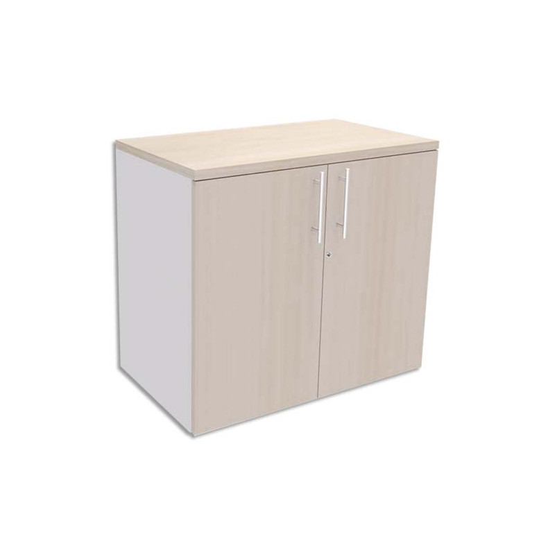 SIMMOB Armoire Basse Blanc perle 1 tablette, avec porte et top Chêne clair INEO - Dim L80 x H72 x P47 cm