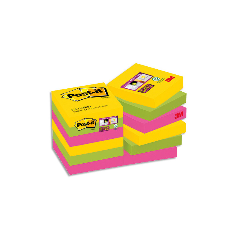 POST-IT Lot de 12 blocs Super Sticky CARNIVAL 90F 47,6x47,6mm, coloris Jaune néon, Vert néon, Fuchsia