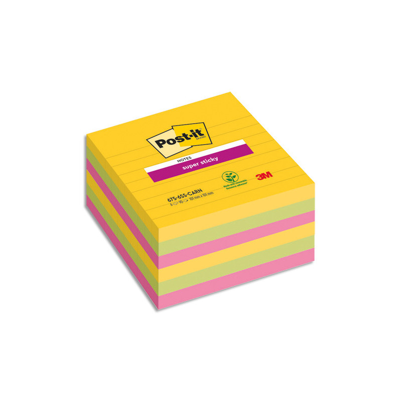 POST-IT Lot de 6 blocs 90F Super Sticky CARNIVAL lignées 101x101 mm, Jaune néon, Fuchsia, méditerranée