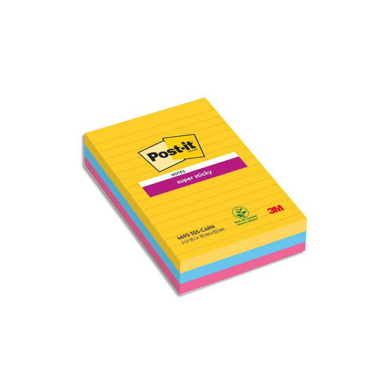 POST-IT Lot de 3 blocs 90F Super Sticky CARNIVAL lignées 101x152 mm, Jaune néon, Fuchsia, méditerranée