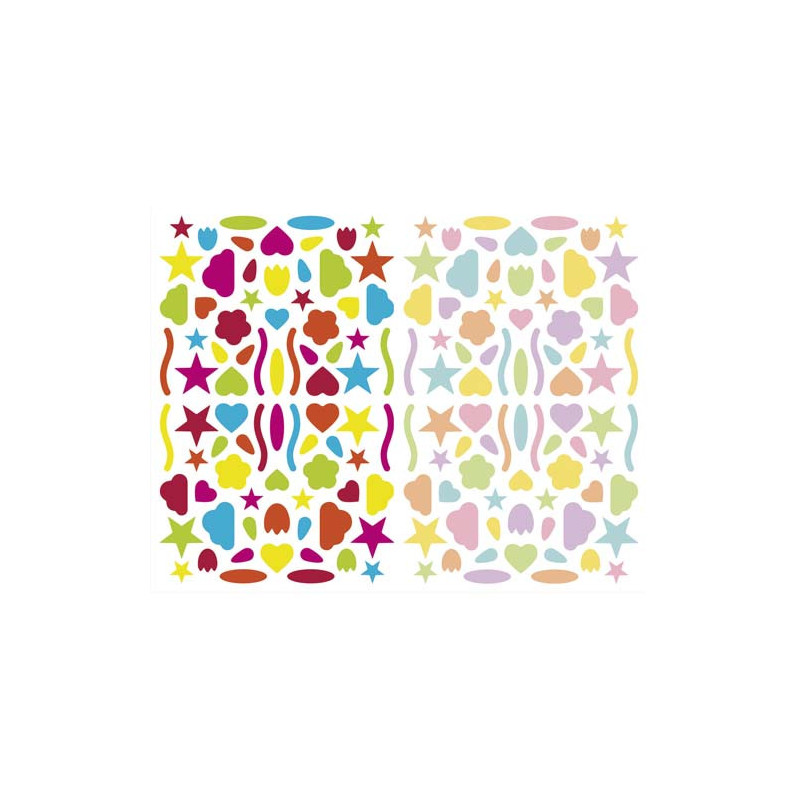 MAILDOR Sachet de 4 planches 10,5x16cm, 320 gommettes Initial multiformes couleurs vif/pastel assorties
