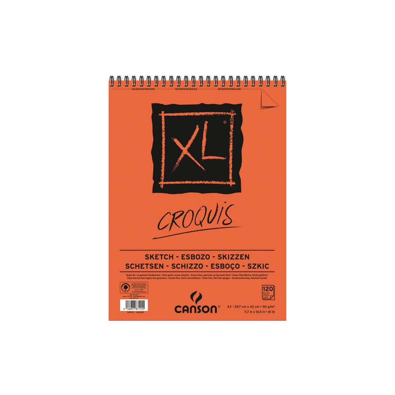 CANSON Bloc spiralé de 120 feuilles de papier dessin CROQUIS XL 90g A3