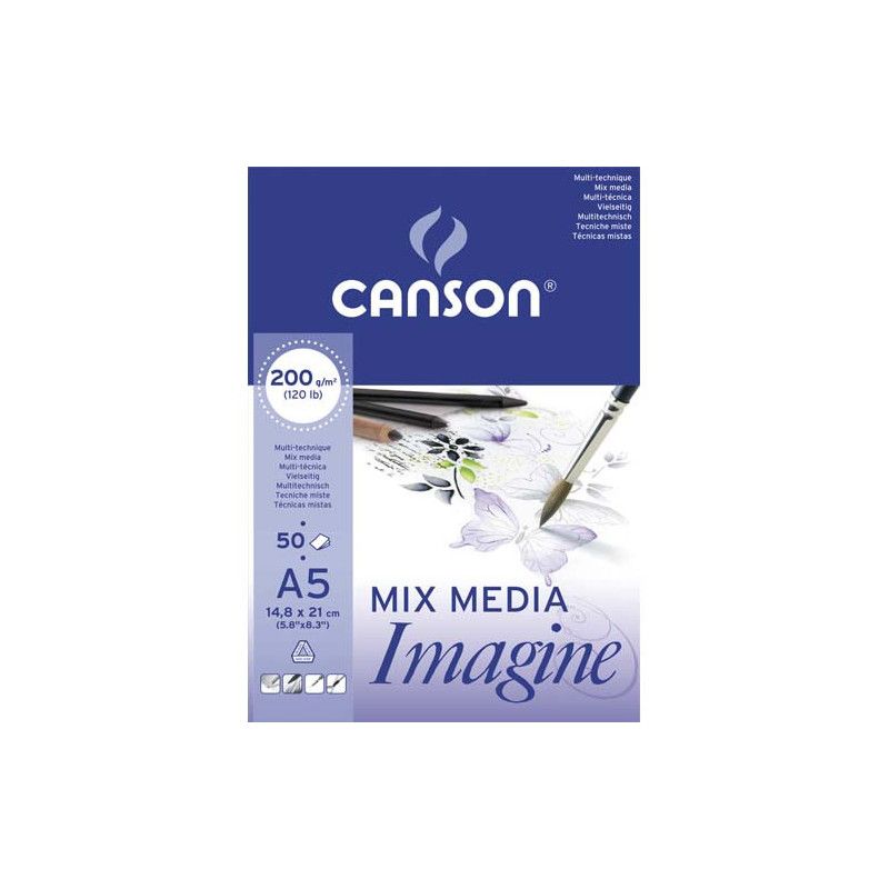 CANSON Bloc de 50 feuilles de papier dessin IMAGINE 200g A5 Blanc