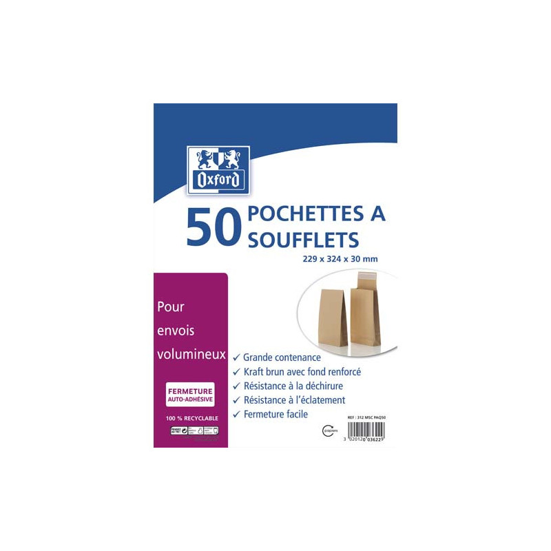 OXFORD Paquet de 50 pochettes kraft auto-adhésives 120g format C4 229x324 mm, soufflet 30 mm