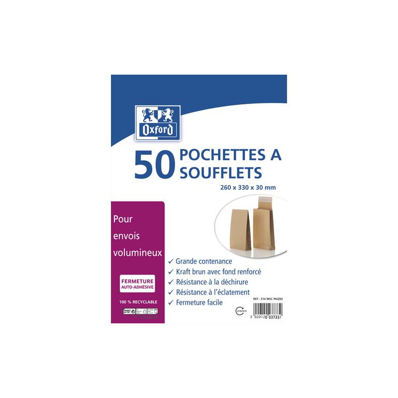 OXFORD Paquet de 50 pochettes kraft auto-adhésives 120g format 24 260x330 mm, soufflet 30 mm