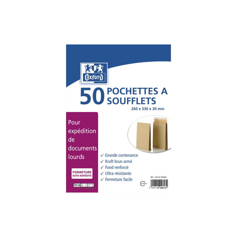 OXFORD Paquet de 50 pochettes kraft armé blond auto-adhésives 120g format 24 260x330 à soufflets de 30 mm