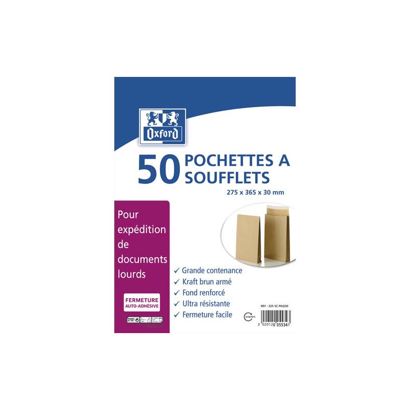 OXFORD Paquet de 50 pochettes kraft armé blond auto-adhésives 120g format 275x365 mm à soufflets de 30 mm