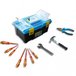 WONDAY Malette outils plastique, 10 outils inclus : pince coupante, marteau, clé à molette, 7 tournevis