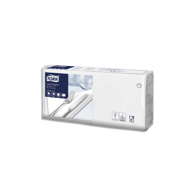 TORK Paquet de 200 Serviettes LunchNap Blanches 2 plis - Format : 33 x 33 cm Ecolabel