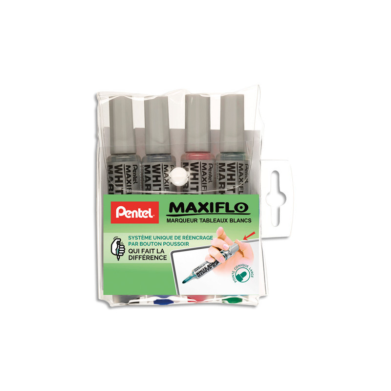 PENTEL Pochette 4 marqueurs effaçables sec, pointe ogive, encre liquide Noir,Bleu,Vert,Rouge MAXIFLO