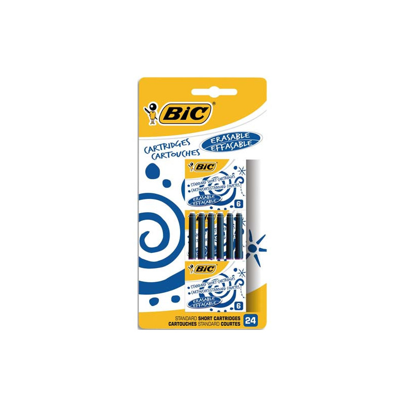 BIC Cartouches d'Encre Courtes Standard pour Stylos-Plume - Bleu Effaçable, Blister de 24