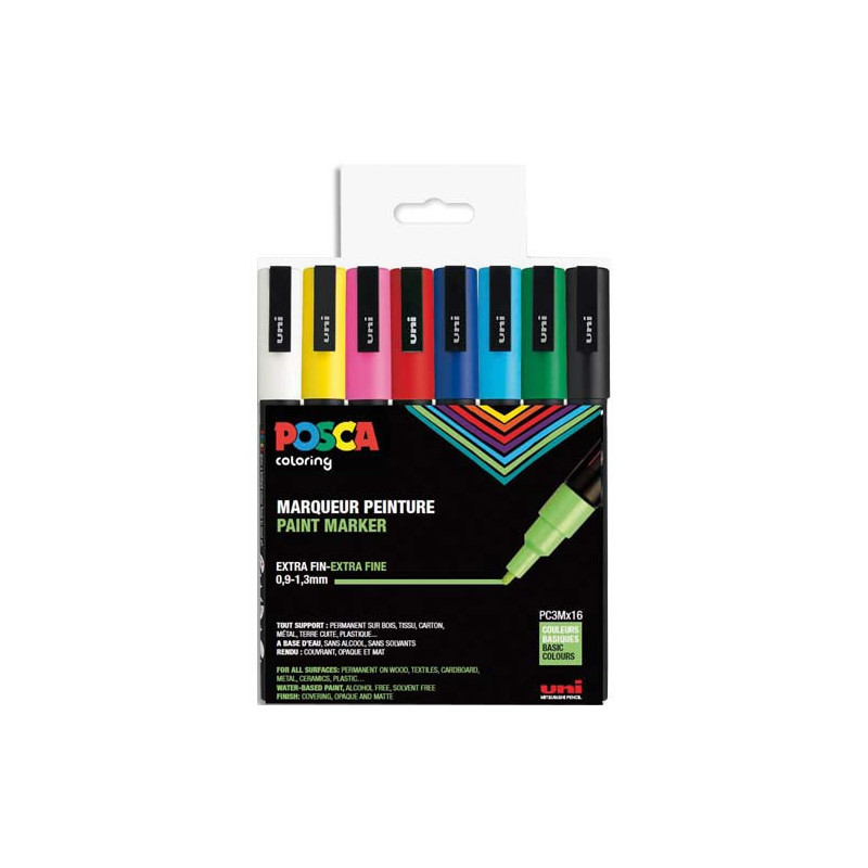 UNI POSCA Pochette 16 marqueurs peinture à eau, encre pigmentation assortie, pte fine PC3M/16AASS21