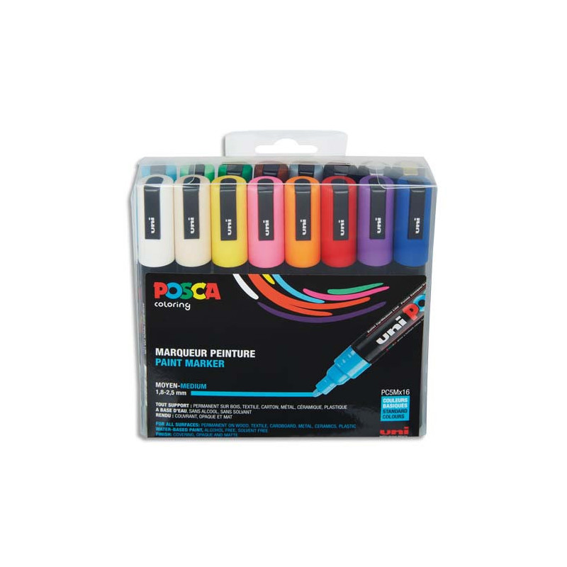 UNI POSCA Pochette 16 marqueurs peinture à eau, encre pigmentation assortie, pte moy PC5M/16A ASS22