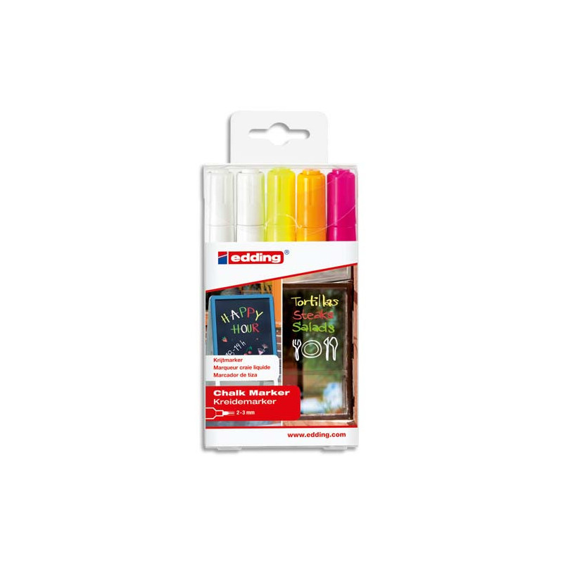 EDDING E-4095 Marqueurs craie liquide pointe ogive 2-4mm. Assortis: 2 Blancs, 1 Jaune, 1 Orange, 1 Rose.