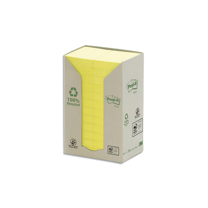 POST-IT Tour 24 blocs 100f 38x51mm 100% recyclé. Coloris Jaune