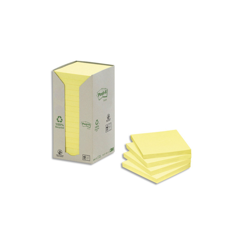 POST-IT Tour 16 blocs 100f 76X76mm 100% recyclé. Coloris Jaune