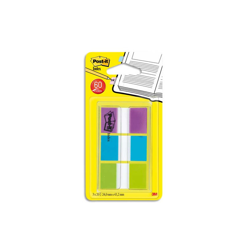 POST-IT Dévidoir 3x20 marque-pages standards Bleu, Vert, Violet