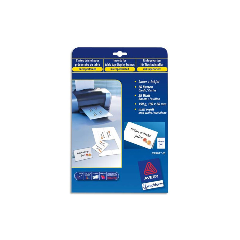 AVERY Pochette de 250 cartes de visite (85x54 mm) 270g coins droits Laser finition satinée