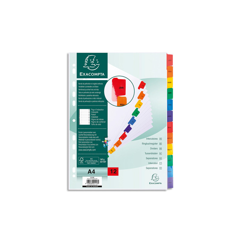EXACOMPTA Jeu d'intercalaires janvier à décembre 12 touches, A4, carte Blanche 170g, onglets Mylar®