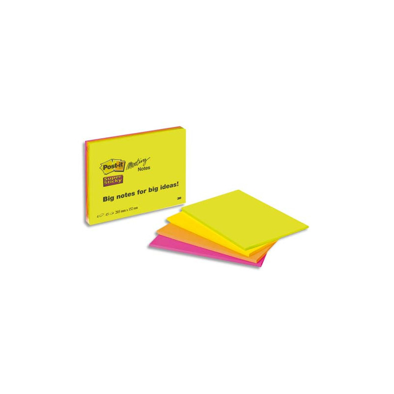 POST-IT Lot 4 blocs assortis Super Sticky 45 feuilles 203x152mm (vert néon, Jaune, Orange néon, Fuchsia)