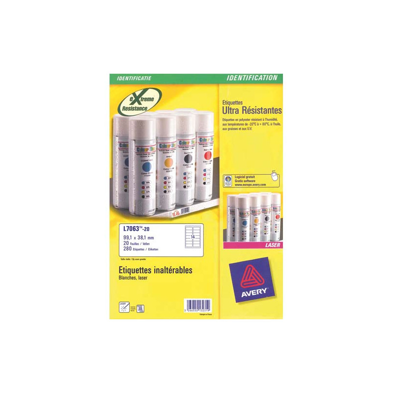 AVERY Boîte de 280 etiquettes Laser inalterables Blanches 99,1x38,1 L7063-20