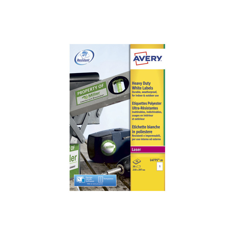 AVERY Boîte de 20 etiquettes Laser inalterables Blanches 210x297 L4775-20