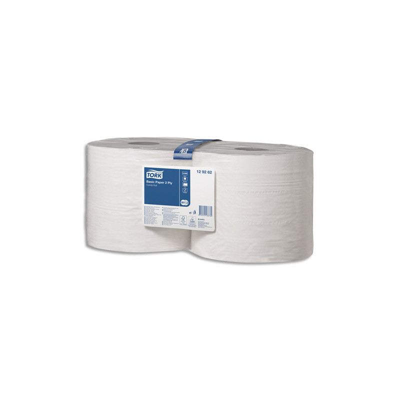 TORK Lot de 2 bobines Papier d'essuyage Basic dévidage central 2 plis 1000formats prédécoup 350m Blanc