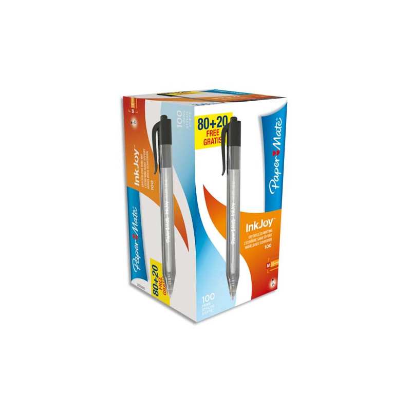 PAPERMATE Boîte de 100 Stylos bille rétractables, pointe moyenne, encre ULV Noire (80+20 gratuits)