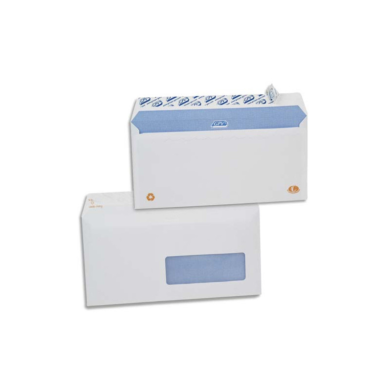 GPV Boîte de 500 enveloppes DL 110x220mm Blanches auto-adhésives fenêtre 45x100 NF & PEFC 90g