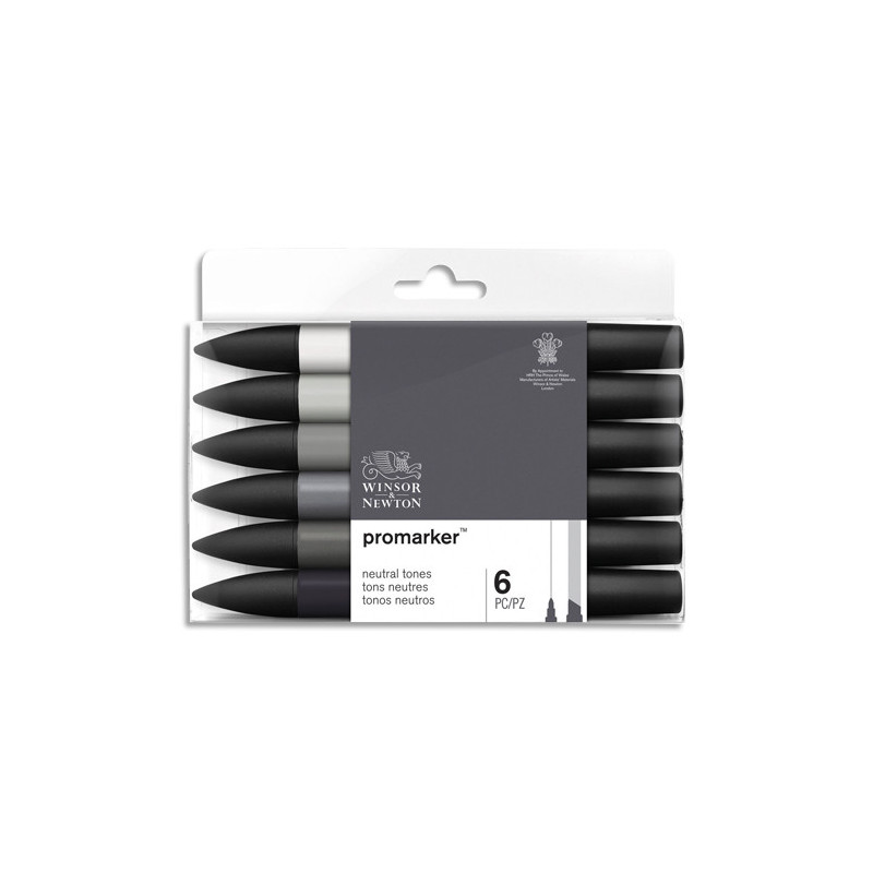 WINSOR & NEWTON Set 6 marqueurs double pointe PROMARKER. A base d'alcool. Tons neutres assortis