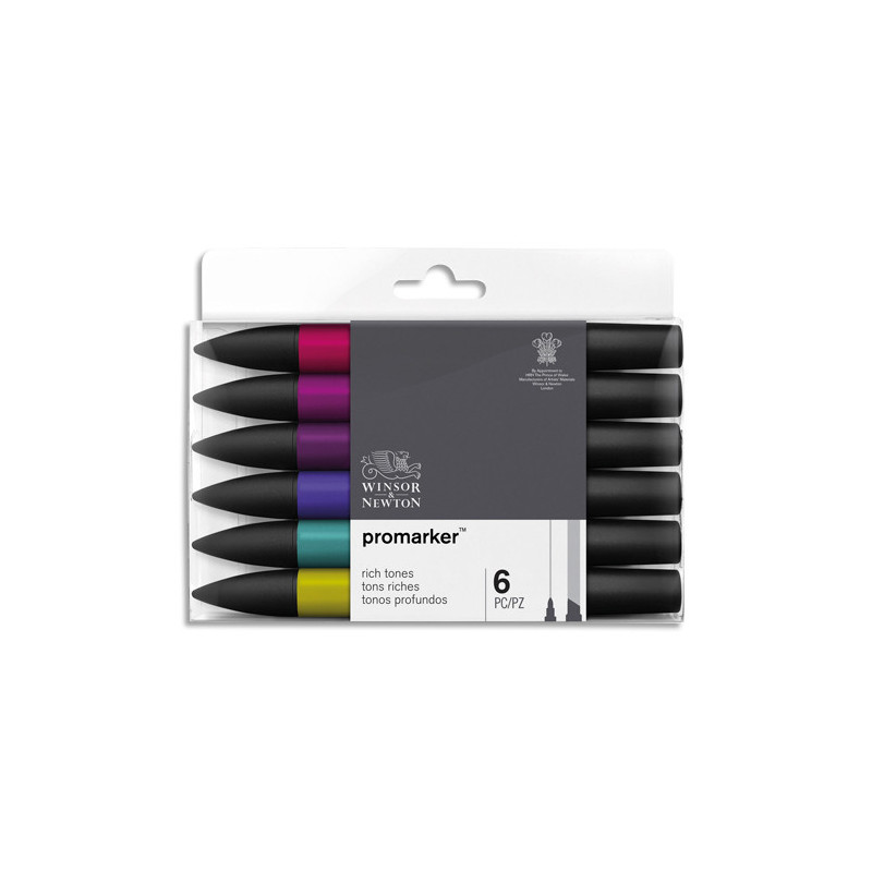 WINSOR & NEWTON Set 6 marqueurs double pointe PROMARKER. A base d'alcool. Tons riches assortis