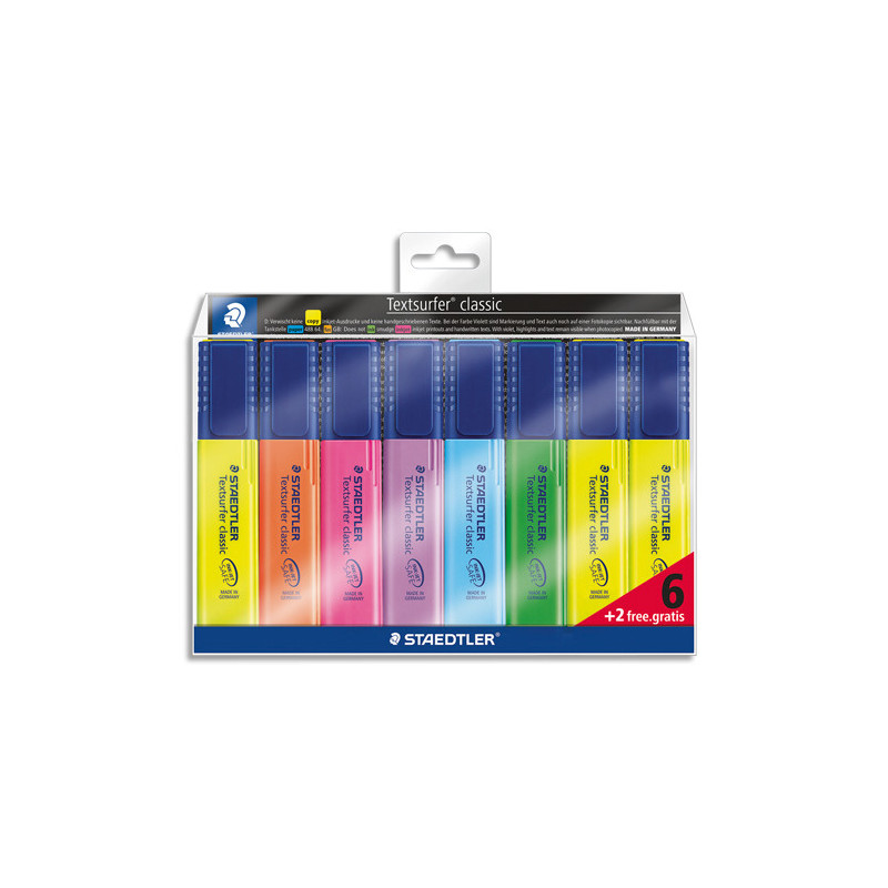 STAEDTLER Pochette de 6+2 surligneurs Textsurfer - 3 Jaune, 1 Rose, 1 Bleu, 1 Vert, 1 Orange, 1 Violet