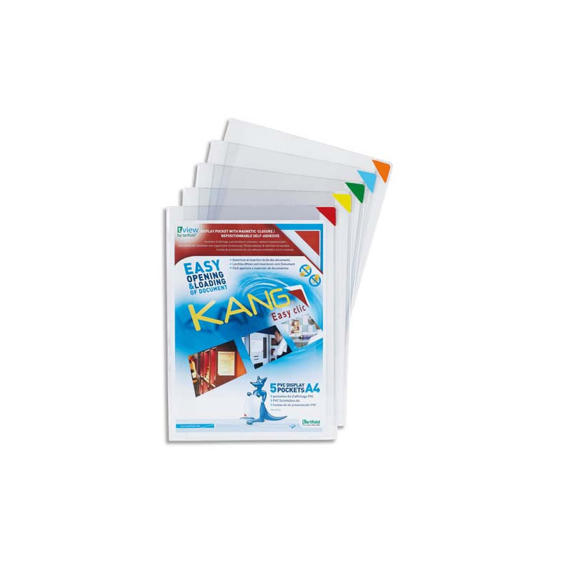 TARIFOLD Sachet de 5 pochettes coins KANG assortis, repositionnables sur tous support lisses.