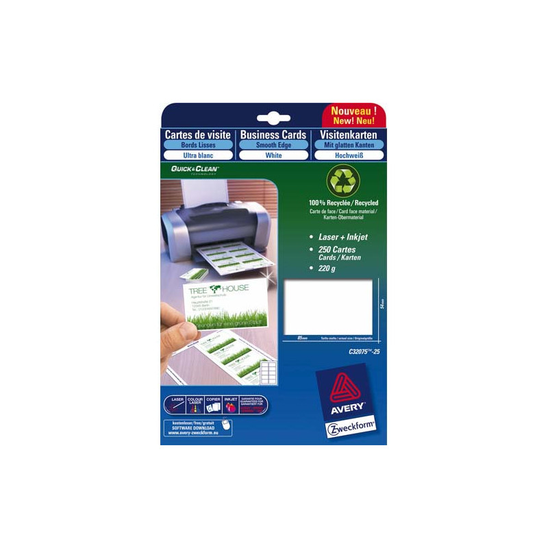 AVERY Paquet de 75 cartes de correspondance mate Laser 220g format 210x99mm Quick&Clean