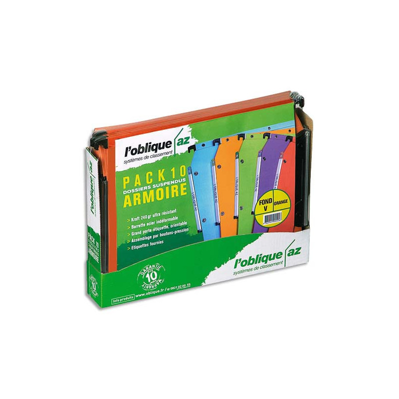 OBLIQUE AZ Paquet de 5+5 dossiers suspendus ARMOIRE en kraft 240g. Fond 15 et 30, bouton-pression. Orange