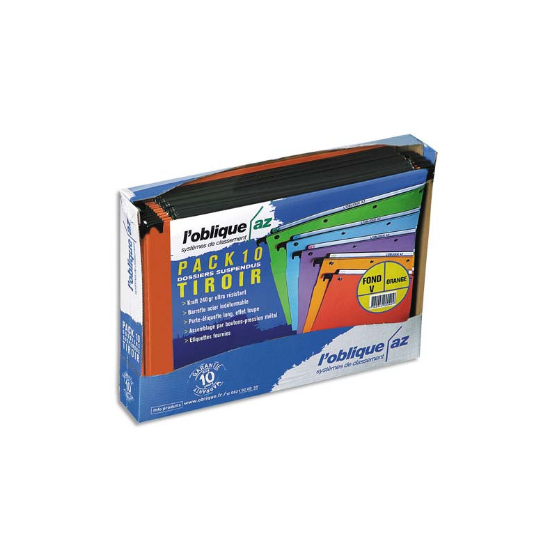 OBLIQUE AZ Paquet de 5+5 dossiers suspendus TIROIR en kraft 240g. Fond 15 et 30, bouton-pression. Orange
