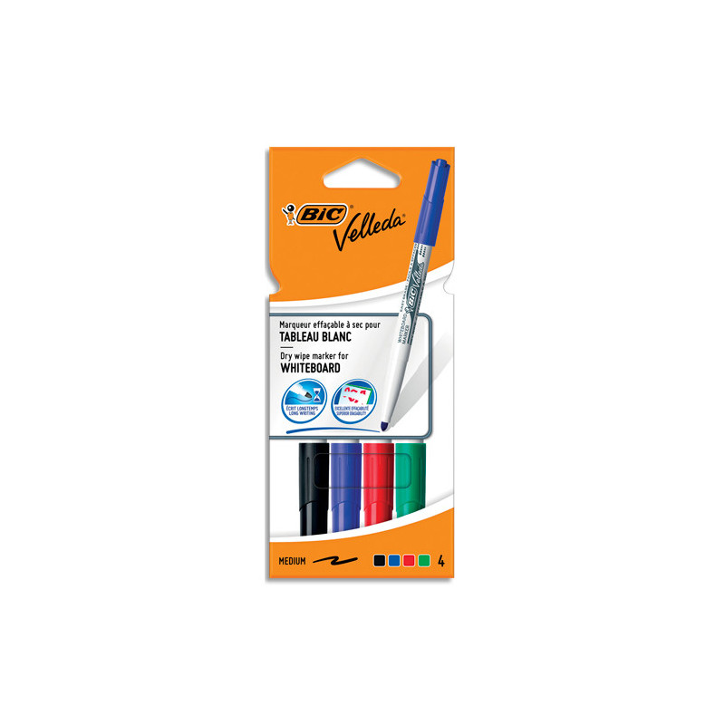 BIC Velleda 1741 Feutres pour Tableau Blanc Effaçables à Sec, Pte Conique Moy - Assortis, Pochette de 4