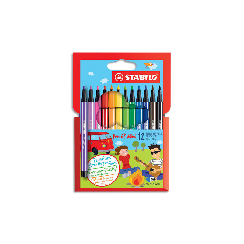 STABILO Pen 68 Mini feutre de dessin pointe moyenne - Etui carton de 12 mini-feutres - Coloris assortis