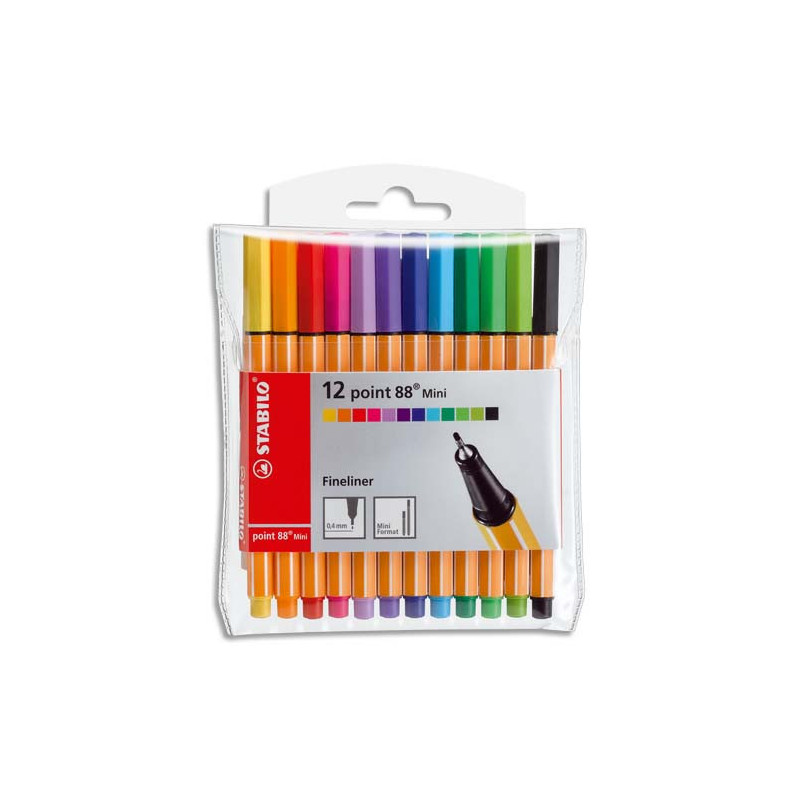 STABILO point 88 Mini stylo-feutre pointe fine (0,4 mm) - Pochette de 12 mini-feutres - Coloris assortis