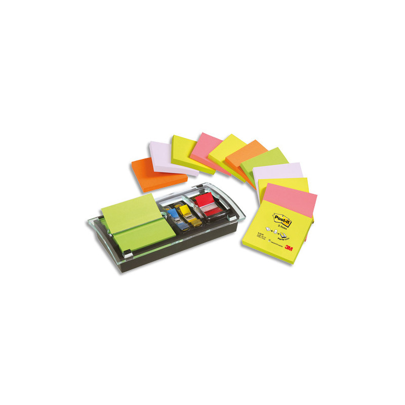 POST-IT Devidoir Millenium livré avec 12 blocs Z-Notes 76x76 mm coloris néon + 10 marque-pages standards