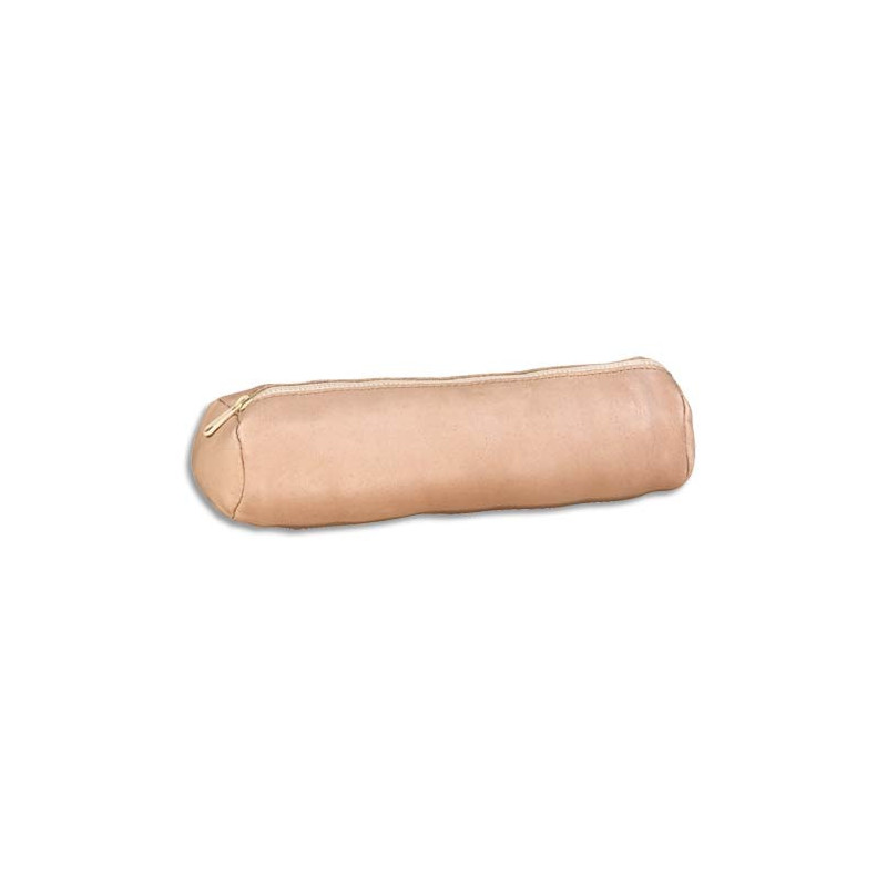 OXFORD Trousse fourre-tout ronde en cuir teinté. Coloris Nude (Beige Clair). Dimensions : 22 x 6 cm