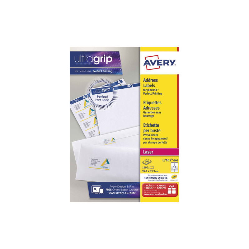 AVERY Boîte de 1600 étiquettes Laser Blanc 99,1X33,9mm L7162-100