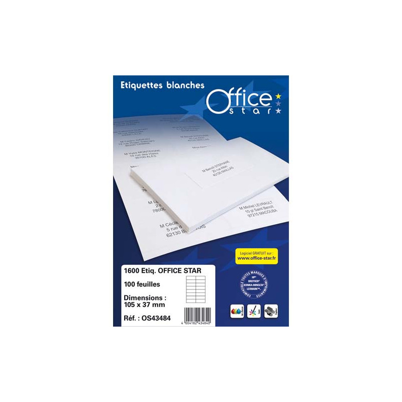 OFFICE STAR Boîte de 1600 étiquettes multi-usage Blanches 105X35mm OS43423