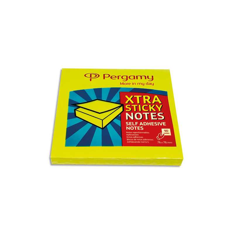 PERGAMY Bloc de 90 feuilles repositionnables Extra Sticky 76x76mm. Coloris Jaune pastel.