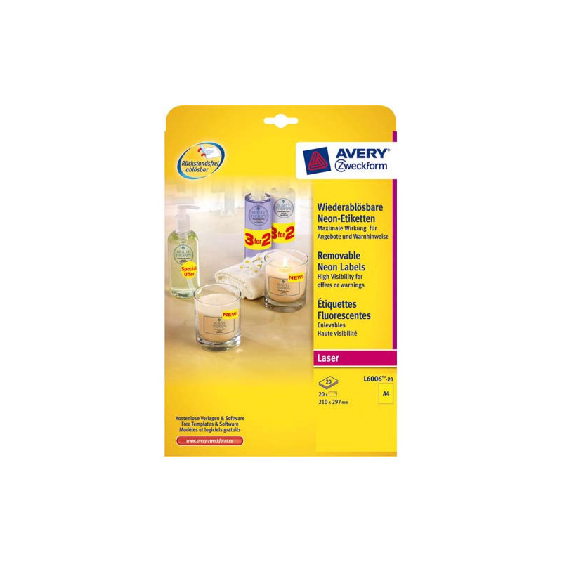 AVERY Boîte de 20 etiquettes Laser rectangulaires enlevables 21x29,7cm coloris Jaune fluo L6006-20